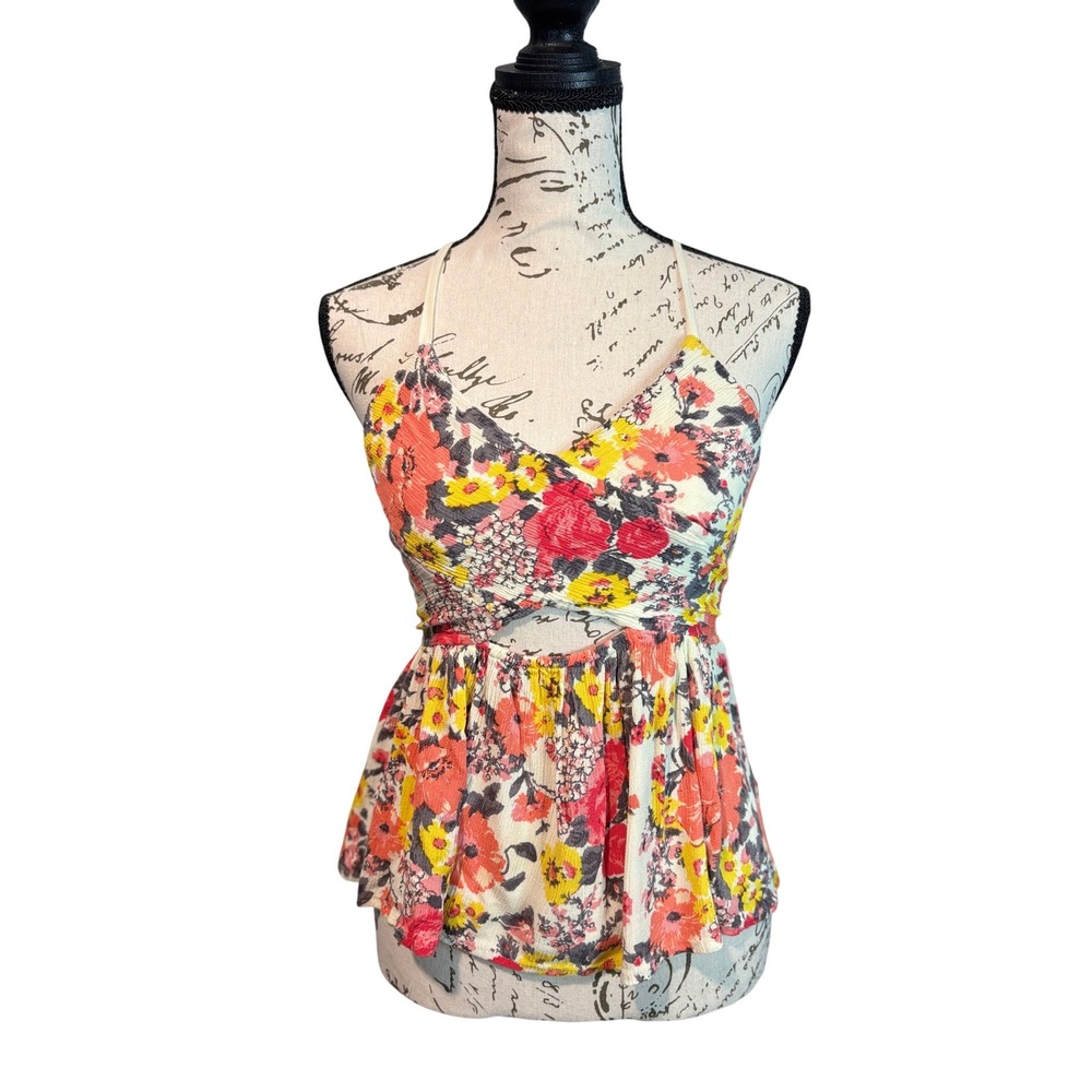 Free People Floral Cutout Peplum Halter Top XS Multicolor Boho Gauze Cami